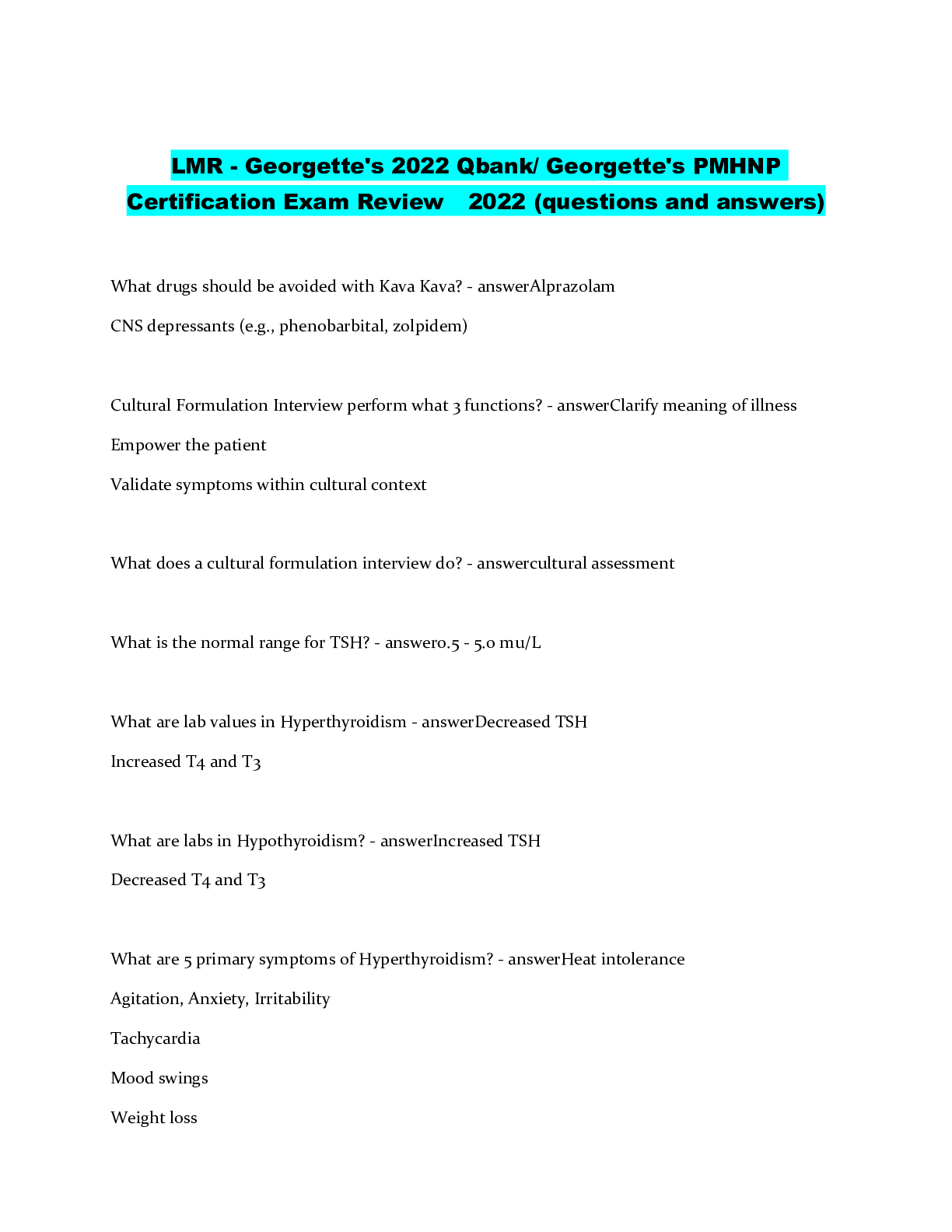 Preview image for LMR - Georgette's 2022 Qbank/ Georgette's PMHNP Certification Exam Review  2022 (questions and answers)